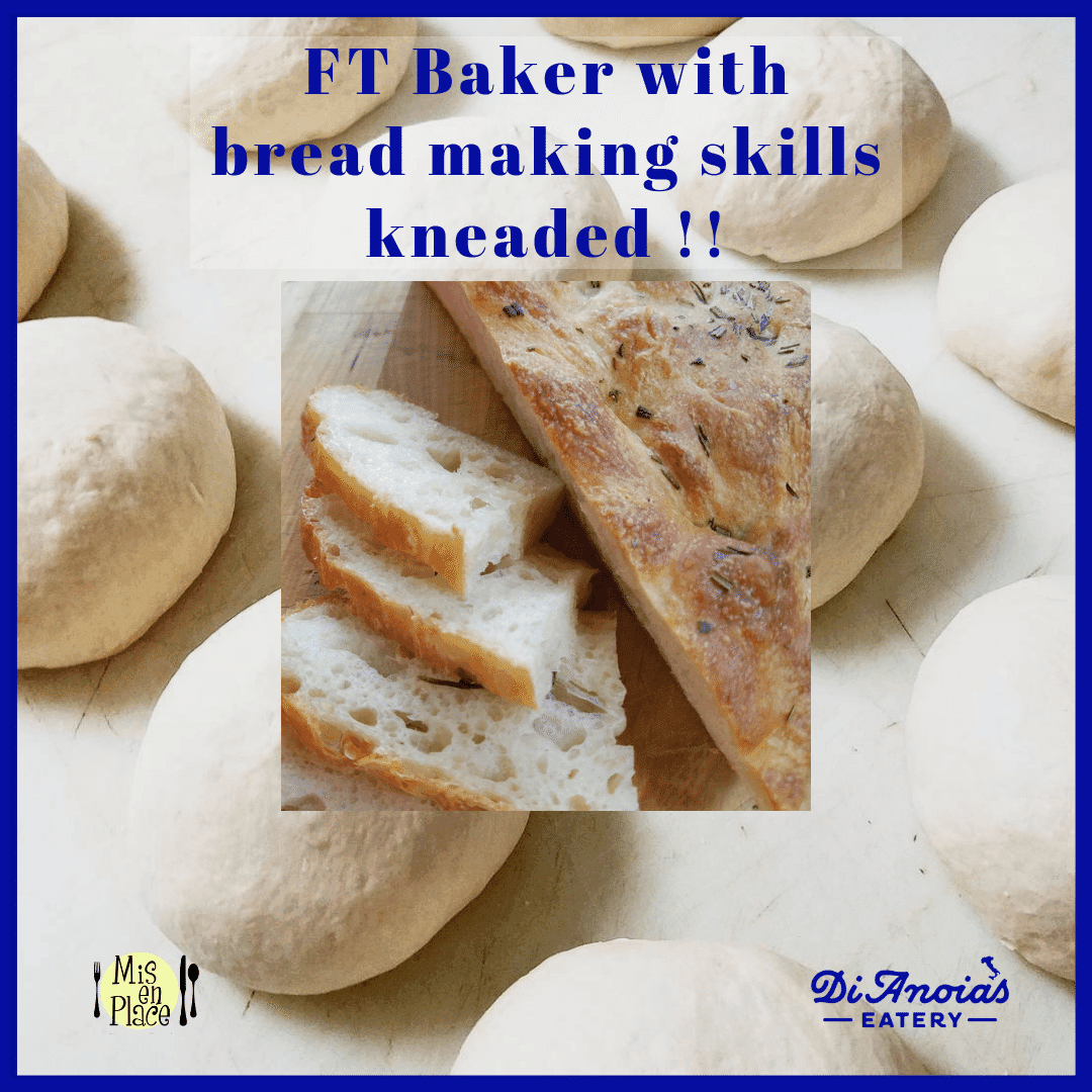Recruiting ad over fresh loaves seeking a full-time baker with bread-making skills