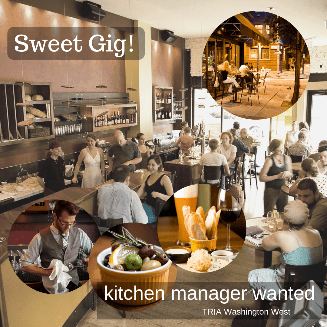 Recruiting ad reading “Sweet Gig! kitchen manager wanted” over a busy dining room